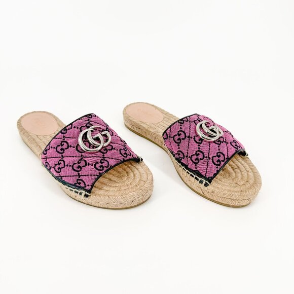 Gucci GG Espadrille Mule Sandal EU 37.5 US 7.5 Pink Purple Monogram Canvas Slide - Picture 1 of 9